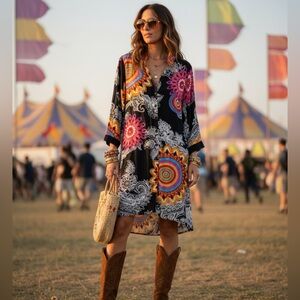 SHIVANI India Psychedelic Mandala Oversized Tunic Dress Boho Festival V-Neck